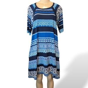 Rabbit Rabbit Rabbit Designs Short Sleeve Blue Print Dress Women's 12 Vintage